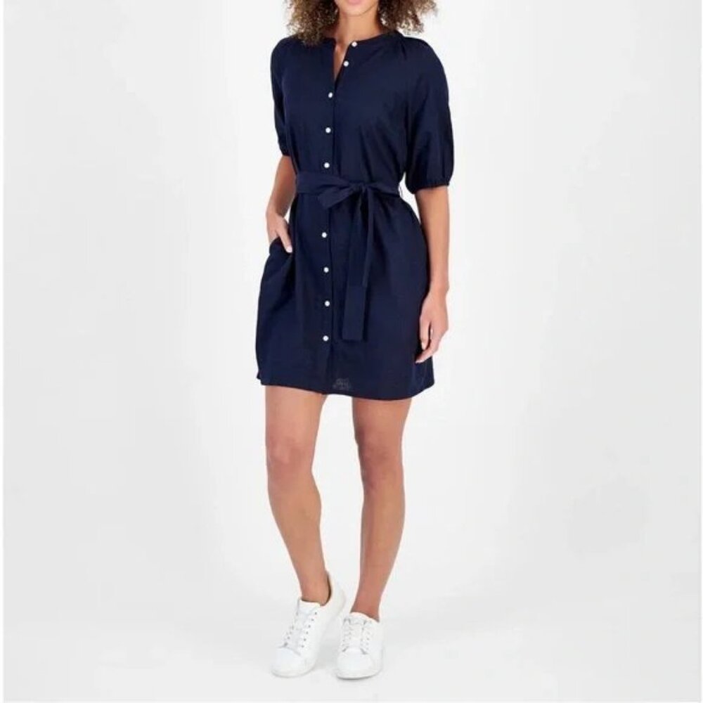 Nautica Jeans Womens Clearwater Beach Linen-Blend Puff-Sleeve Dress Night Sky XL